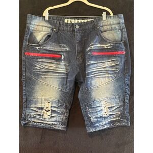 ENCRYPTED‎ Denim Shorts Red Zipper Accent Distressed Moto Style Mens Size 42